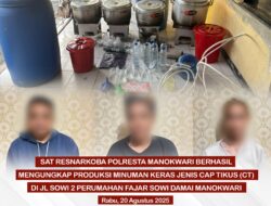 Satuan Resnarkoba Polresta Manokwari berhasil mengungkap produksi minuman keras lokal jenis Cap Tikus (CT). 19 Agustus 2025