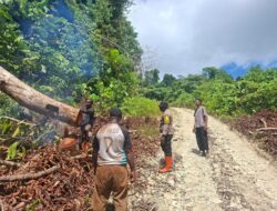 Kapolsek Tor Atas Bersama Personel dan Masyarakat Bersihkan Jalan Akibat Pohon Tumbang