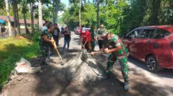 Peduli Keselamatan Pengguna Jalan, TNI, Polri dan Pemerintah Kecamatan Dimembe, Kerja Bakti Gerakan Indonesia Asri Timbun Jalan Berlubang di Ruas Poros Dimembe – Likupang  Minahasa Utara – Dalam upaya meningkatkan